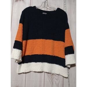 Vince Camuto Sweater Womens Small Navy Orange White‎ Striped Soft Fuzzy Pullover